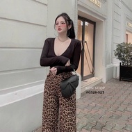 V-Neck Long-Sleeved T-shirt Set, Leopard Wide-Leg Pants - Chic Gamer