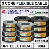 90/100Meter 100% Pure Copper | Fajar 3 Core Cable PVC Flexible Cable Wire | TRS Cable Core Black | 3