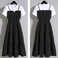 IQANGEL Thai sản váy cộng với kích thước phụ nữ ăn mặc giả hai mảnh béo MM ăn ngắn tay áo vòng cổ Al