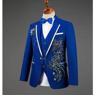 Man 2-piece Outfit Flower Embroidery Single-breasted Blazer Male Straight-leg Pant Men Slim Stage We