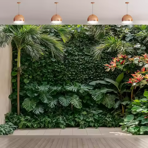 A lush ivy and tropical plant wall background with palm trees, perfect for parties