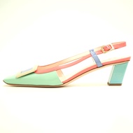 二手 ROGER VIVIER 25公分粉紅繫帶露跟高跟鞋