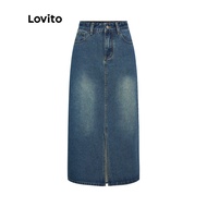 Lovito Women Casual Skirt Plain Washed Split Midi Denim Summer/Spring Skirt L39AD079 Lovito Skirt Ka