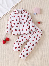 嬰兒女孩草莓圖案印花針織長袖上衣配褲子2件套家居服裝