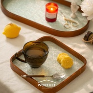 Wosi Retro Window Grille Glass Wooden Tray Begonia Storage Snack Tea Fruit Serving Tray