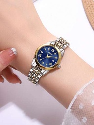 1入組女士雙色鈦合金錶帶時尚日期防水水鑽裝飾圓形錶盤石英手錶適合日常裝飾