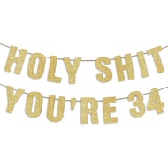 Banner Kilauan Emas "Pre-Strung Holy S You're 34", Hiasan Hari Lahir ke-34 untuk Wanita, Hiasan Part