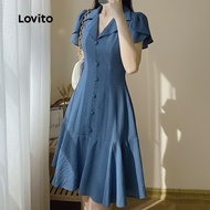 Lovito Elegant Dress Ruffle Button Spring/summer Blue Dress for Women LK3ED102 Lovito Kākahu Huatau 