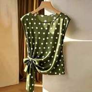 Women's Green Polka Dot Summer 70s Tea Party Blouse,Round Neck Bow Tie Hem Elegant Daily Wear Zanzea