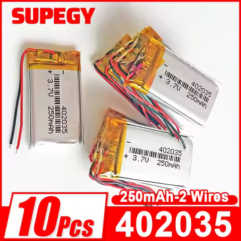 10PCS 3.7V 250mAh 402035 Lithium Polymer Lipo Rechargeable Battery Cells For MP3 GPS bluetooth heads