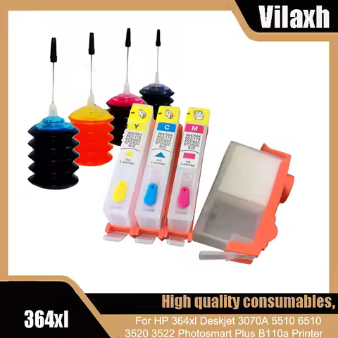 Vilaxh 4 Refillable 364XL Ink Cartridge + 30ml Dye Ink for HP364 DeskJet 3070A 3520 Officejet 4610 4