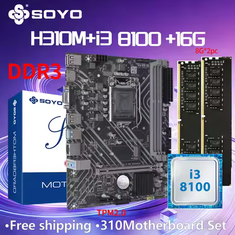 SOYO H310M DDR3 Motherboard i3 8100 CPU 16G=8G*2 RAM Intel LGA1151 TPM2.0 Computer Combo Kit Xeon PC