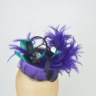 Pillbox Hat in Purple with Vintage Jewels, Emerald Feathers and Black Twirls
