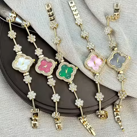 Women's Clover Watch Bracelet, Floral Rhinestone Crystal Colorful Wristwatch, Fashion Lucky Charm Gi