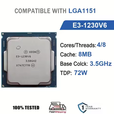 Intel Xeon E3-1230V6 4 Core 8 Thread 3.5GHz 72W 8MB Cache 14nm LGA1151 SR328 DDR4-2400 / DDR3L-1866