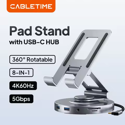 CABLETIME 8 in 1 Multi USB C Hub with 360 Rotating Stand HDMI 4K 60Hz PD 100W USB 5Gbps SD TF Aux 3.