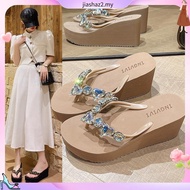 Plaid Shop * [KNM915T] Front 3.5cm Rear 7cm Wedge Flip-Flops Rhinestone Gem Decoration Round Head Th