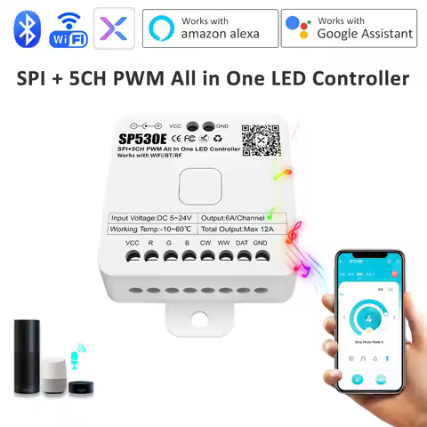 SP530E All In One LED Controller 12V 24V 5V Wifi Alexa Google Home BT 5CH PWM SPI Pixel WS2811 WS281