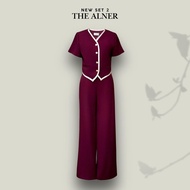 เซ็ตเสื้อคอวีแต่งแถบกระดุมเงิน+กางเกงขายาว The Alner Women Clothing ผู้หญิง