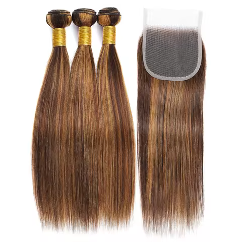 12A P4/27 Highlight Bundles With Closure 4x4 Transparent Lace Closure With Straight Bundles 3/4 Bund