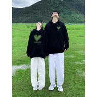 Couple Hoodie Green Heart FOREVER Print Unisex Lelaki Wanita Long Sleeve Casual Streetwear
