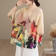 Oladivi Plus Size Fashion Floral Print Blouse Loose Casual Shirt Cotton Linen Tunic Top 92176 N515