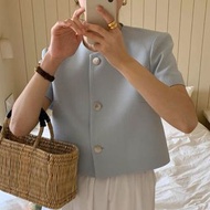 Korean style baby blue puff short sleeve cropped jacket 韓系粉藍小香風泡泡短袖外套