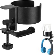 2 in 1 Desk Cup Holder with Headphone Hanger Holder, Anti-Spill Cup Holder-360° Rotation Aluminum Al
