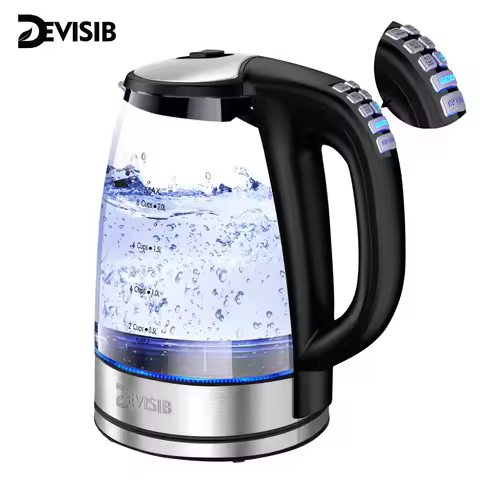 DEVISIB Electric Glass Kettle, 2200W Fast Boiling, Temperature Control, 4-Hour Keep Warm, 2.0L Tea K