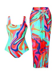 SHEIN Swim Vcay 女性加大尺碼泳裝連裙子和遮陽衫，適用於夏季沙灘