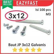 JP M3 12mm 3x12 3 x 12 mm M3x12 Galvanized White Bolts Fine Thread Screwphillips Pack of 100 Pcs Scr