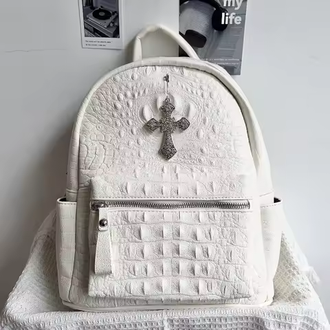 Original White Goth Crocodile Pattern Backpack Schoolbag Men's and Women's Premium Texture Y2k Backp