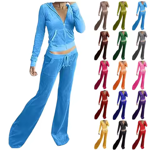 Womens Tracksuit Two Piece Sets Slim Fit Velvet Outfit Streetwear Solid Casual Slim Fit Zip Up Hoodi