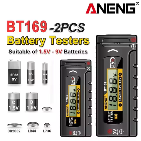 ANENG 2-Pcs Digital Multifunctional Battery Testers BT169 Detector AA/AAA/C/D/9V/1.5V Button Cell Qu
