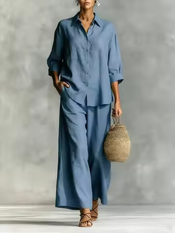 Women's New 7-Sleeve Shirt & Wide Leg Pants Casual Set Loose Breathable Daily Streetwear Outfits