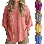 【CH】 Womens Plus Size Cotton Linen Shirts 3 4 Sleeve Fashion Shirt Crew Neck Casual Loose Fit Beach 