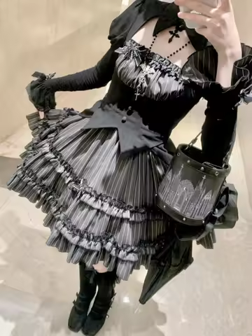 Gothic Dark Academia Lolita 2 Piece Set Women Fake Two-piece Tops + Striped Fluffy Skirt New Japanes