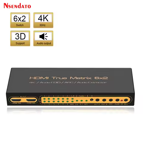 UHD 4K*2K HDMI True Matrix 6x2 4k HDMI Switch Splitter Box Support W/IR ARC SPDIF 3.5mm 3D HDTV 6 In