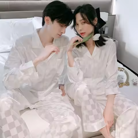 Ice Silk Pajamas Men and Silk Satin Pajamas Set Long Sleeved Sleep Women Sleepwear & Short-sleeved S
