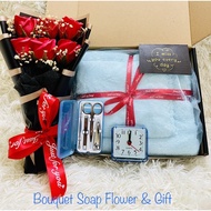 Bouquet Flower & Gift (2in1 Luxury Soft Microfiber Bath Face Towel & Manicure Set & Alarm Clock) FRE