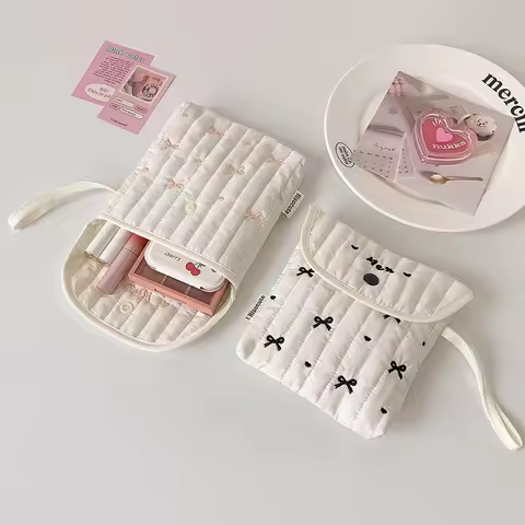 Cream Color Portable Zero Coin Purse Bow Pattern Sanitary Pads Pouch Small Wallet for Women Girls Tr