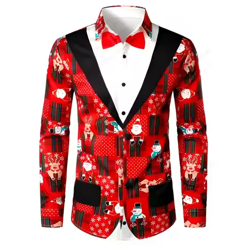 Men's Vintage Red Plaid Christmas Long Sleeve Festive Shirt Men's Long Sleeve Printed Christmas Shir