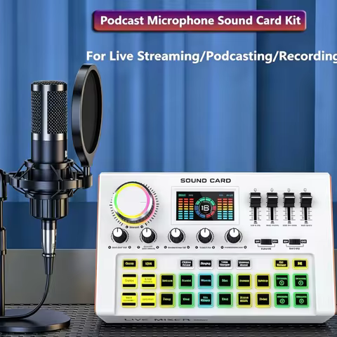 Tenlamp Y300-P15B Professional Podcast Equipment Bundle Kit for 4 People, Studio Sound Card with 3.5