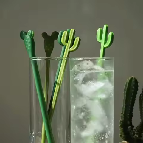 6Pcs Cactus Stirring Stick Milk Tea Juice Ccoffee Long Handle Stirring Spoon Plastic Creative Fun Co
