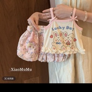 COD 2026 Girls Summer Cute Sling 2025 New Style Baby Girl Cartoon Vest Baby Plaid Five-point Pants C