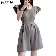 Vonda Women Korean Casual Round Neck Flying Sleeve Strappy Jumpsuit