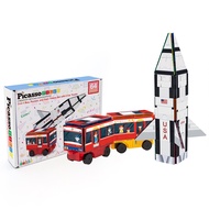 PicassoTiles 64 Pc 3 in 1 Rocket Train and Bus with Stick on Designs