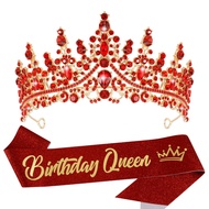 VELSCRUN Birthday Queen Tiara Crowns for Women Girls Crystal Birthday Queen Headband Sash Elegant Pr
