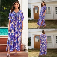 Bohemian green women long dress robe Kaftan Moo Moo Dress tassel V-neck ribbon embroidered collar ed