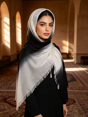 Vintage Gradient Hijab with Tassels Soft Lightweight Muslim Headscarf Turkish Style Fringe Shawl Wra